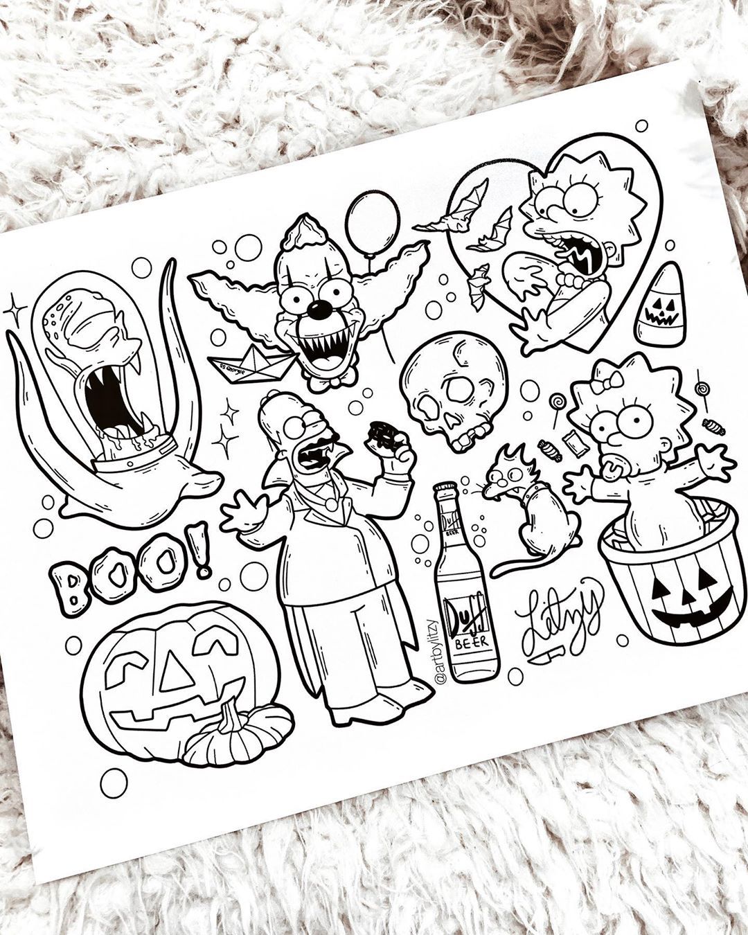 Litzy â on instagram âtreehouse of horror aka spooky simpsons flash sheet krusty the clown as pennywisâ tattoo flash t sketch tattoo design t poster design