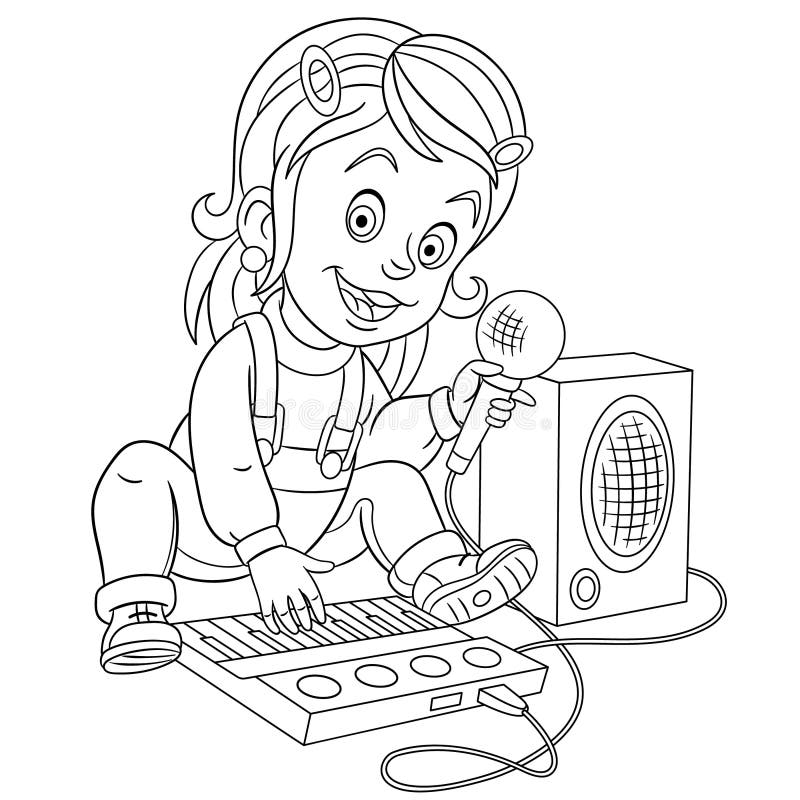 Coloring page with girl singing and playing piano stock vector