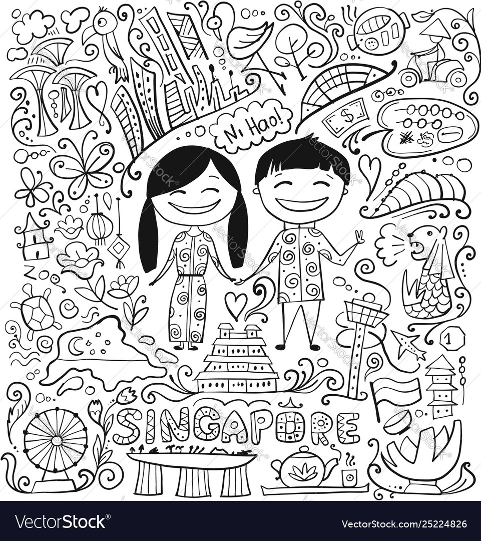 Travel to singapore coloring card for your design vector image