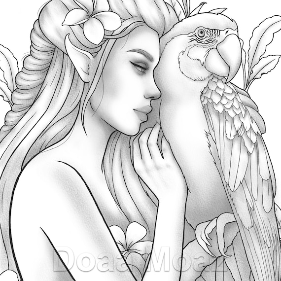 Adult coloring page fantasy girl bird portrait