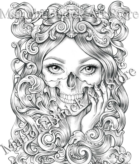 Skull mariola budek premium coloring page printable adult colouring pages book instant download grayscale illustration pdf