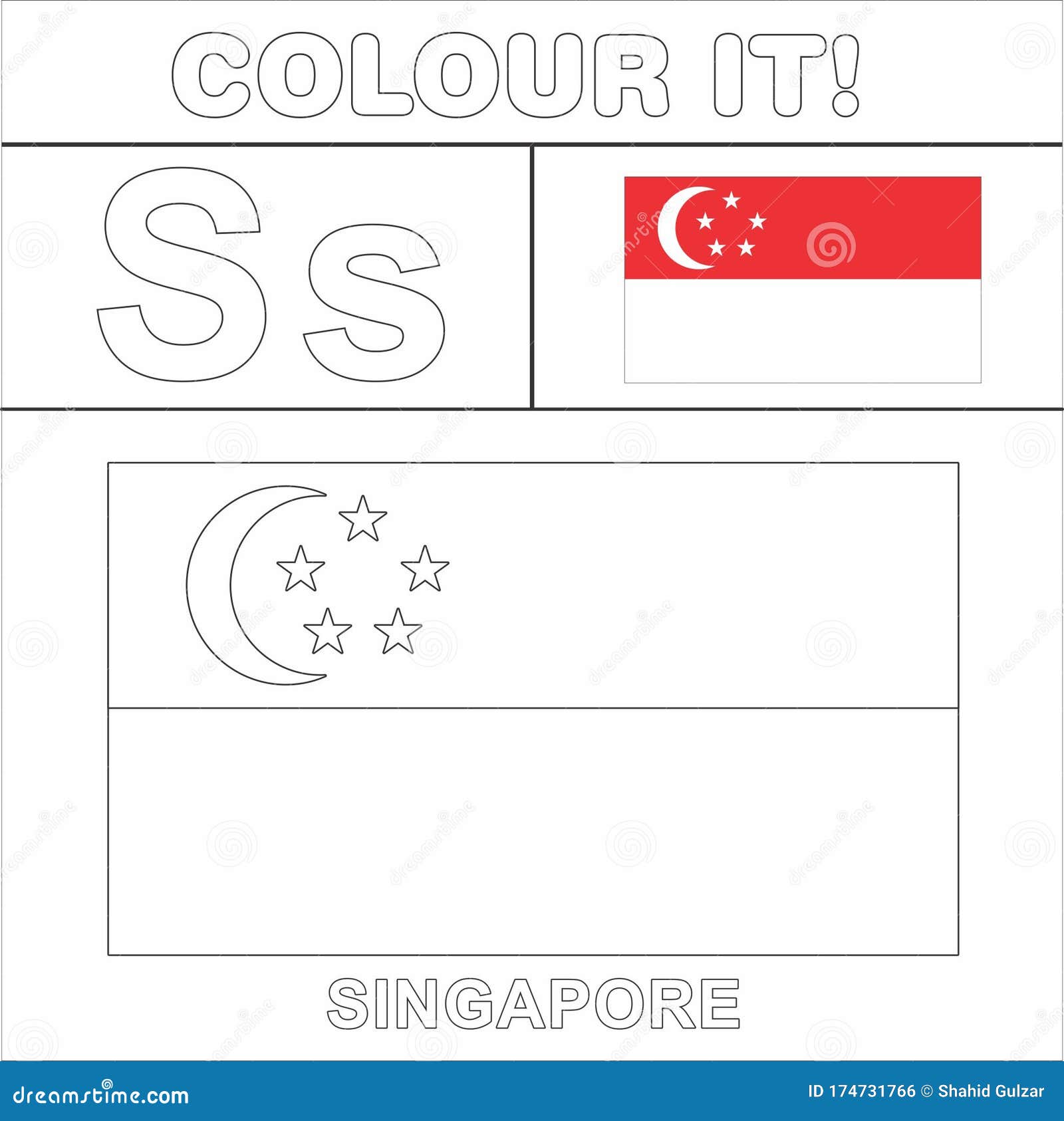 Colour it kids colouring page country starting from english letter s singapore how to color flag stock illustration