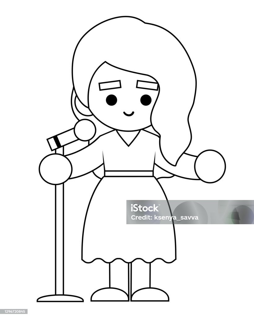 Coloring book singer girl and microphone stock illustration