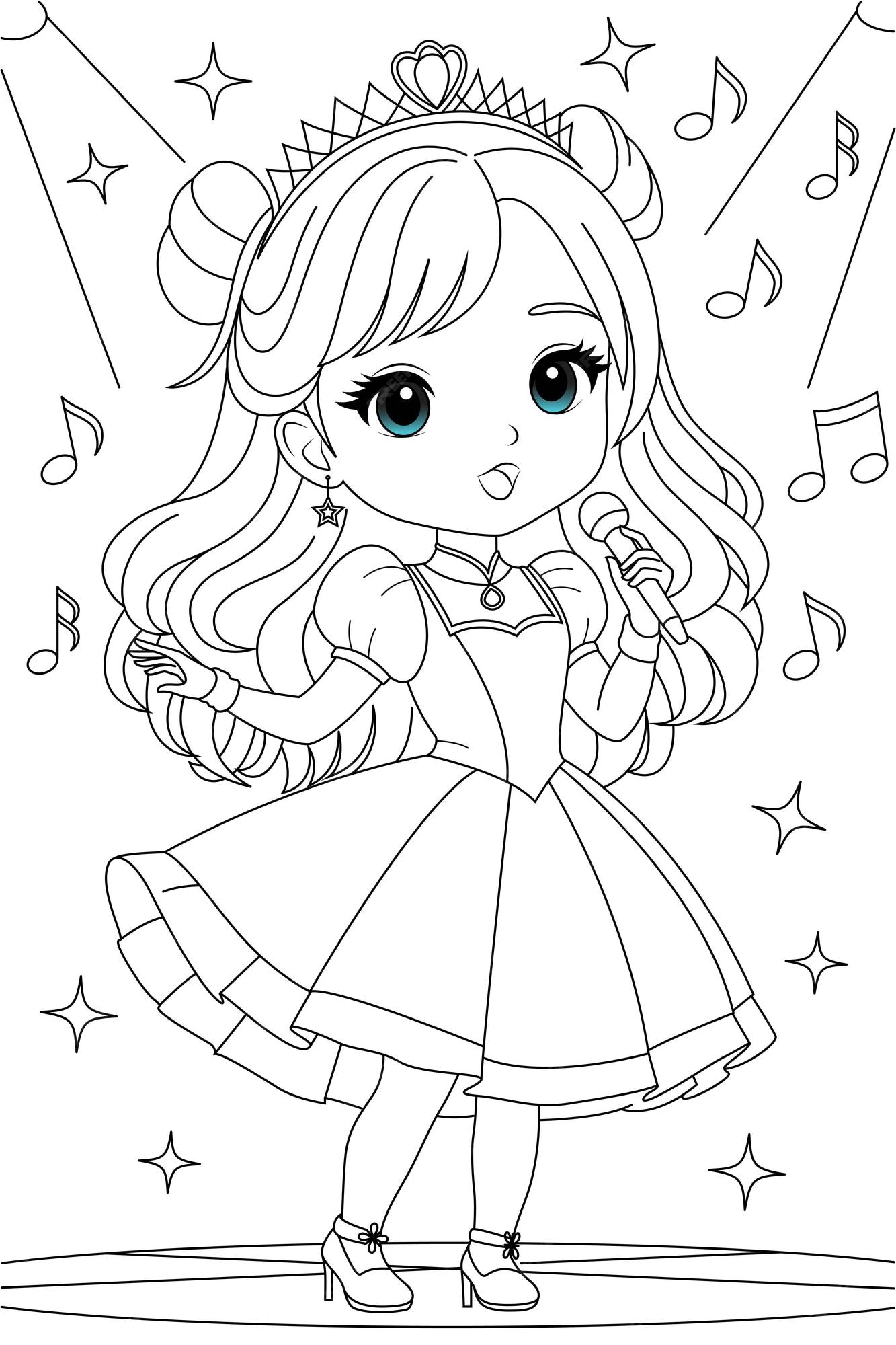 Premium vector coloring page chibi princess as a famous singer performing on stage