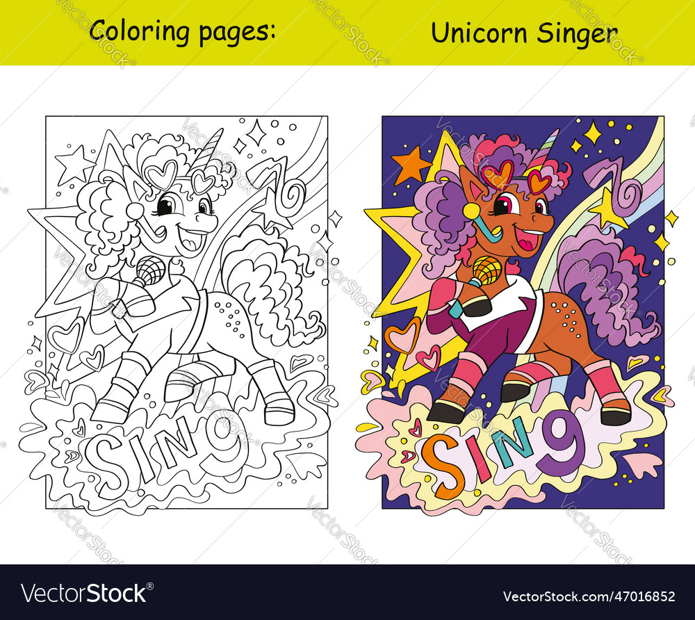 Cute unicorn singer coloring and template vector image