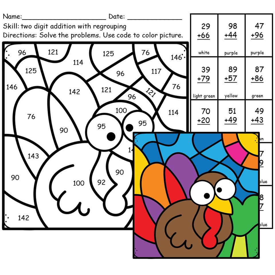 Addition with regrouping thanksgiving color pages made by teachers