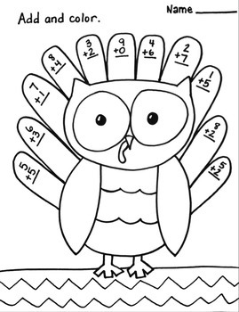 Single digit addition coloring printable thanksgiving fall worksheet owl turkey