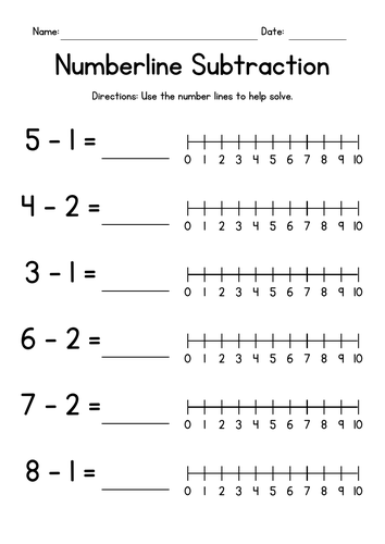 Numberline single digit subtraction worksheets teaching resources