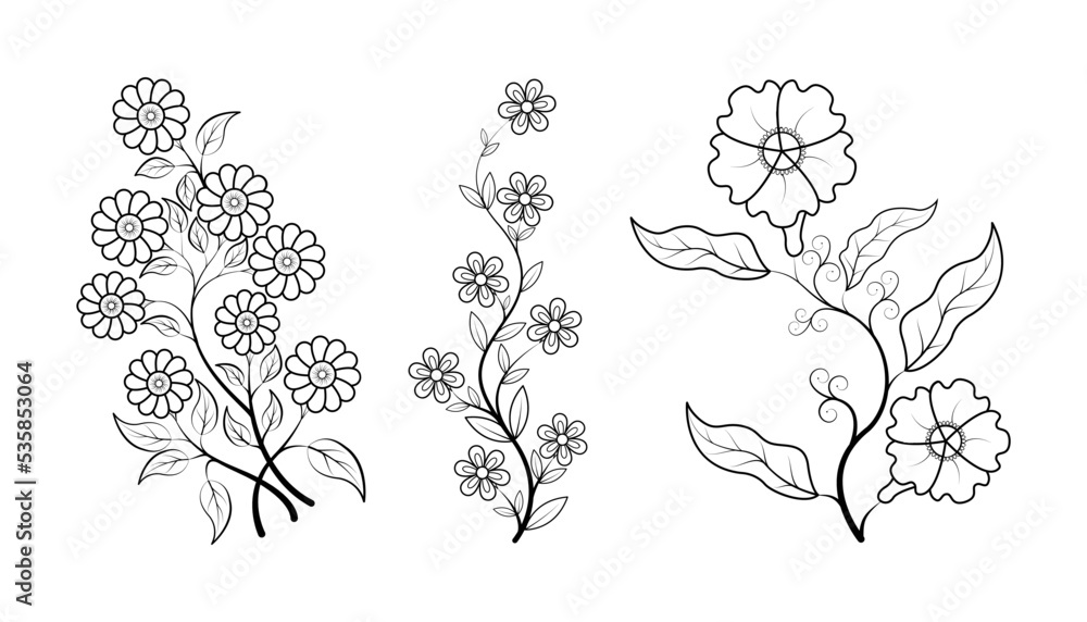 Set of floral line art hand drawn simple flower coloring pages for kids and adult vector