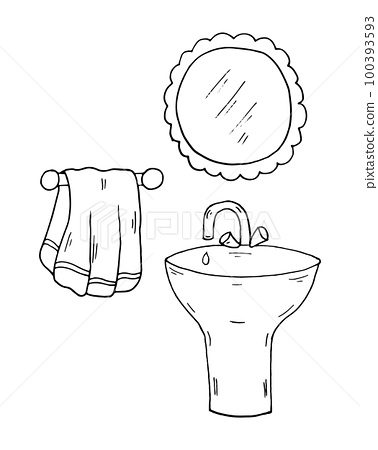 Coloring page washbasin towel mirror vector