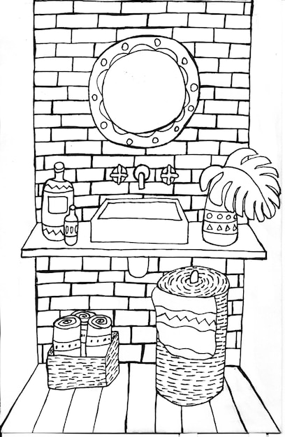 Premium vector cute toilet interior design coloring page with interior design ceramic sink mirror brick wall laundry basket house plants bottles colouring page for children and adults