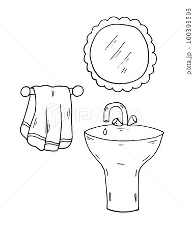 Coloring page washbasin towel mirror vector