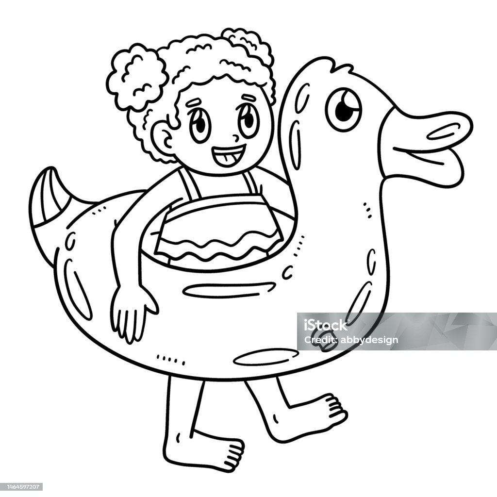 Summer child with swim ring isolated coloring stock illustration