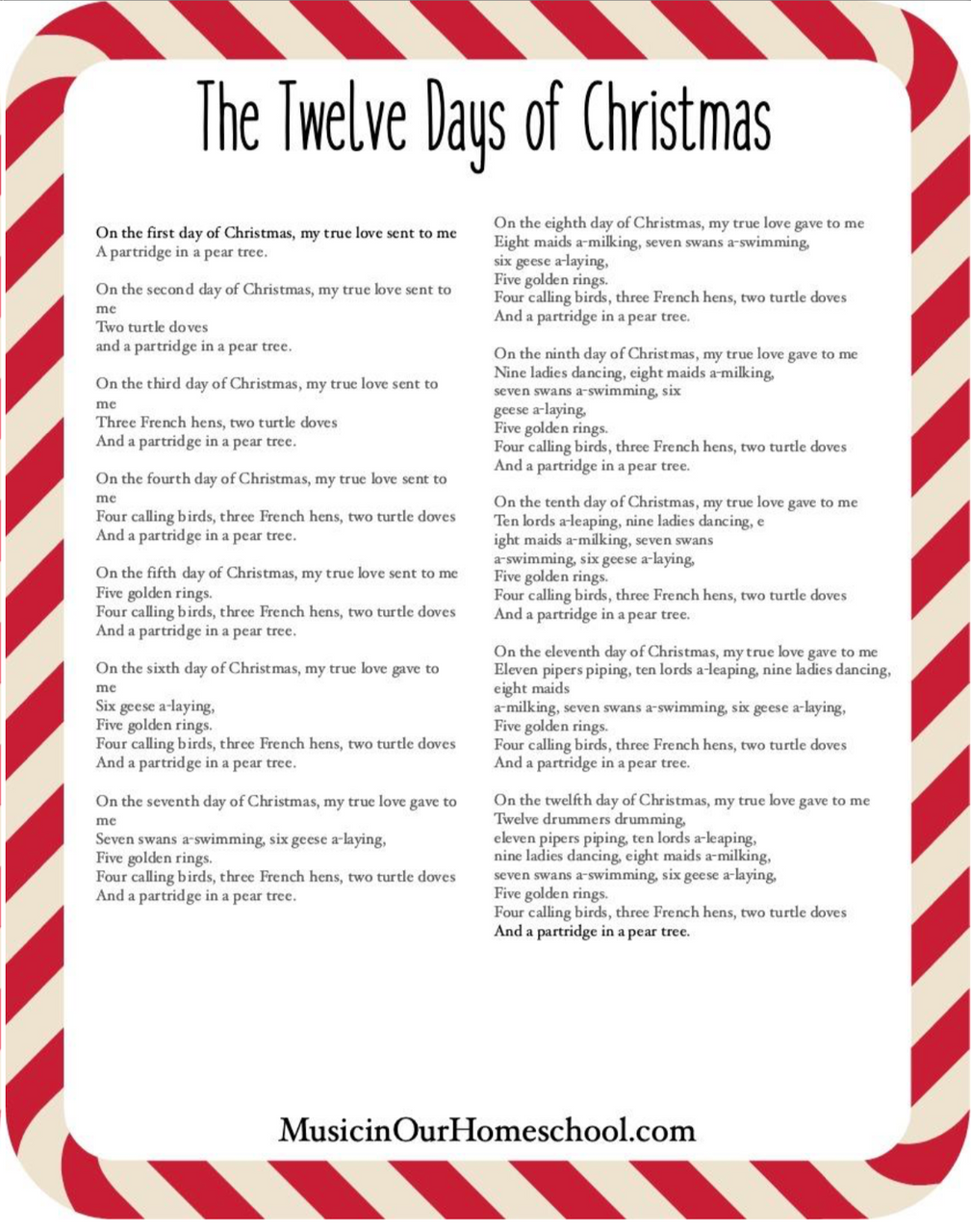 Christmas song lyric sheets with days coloring pages