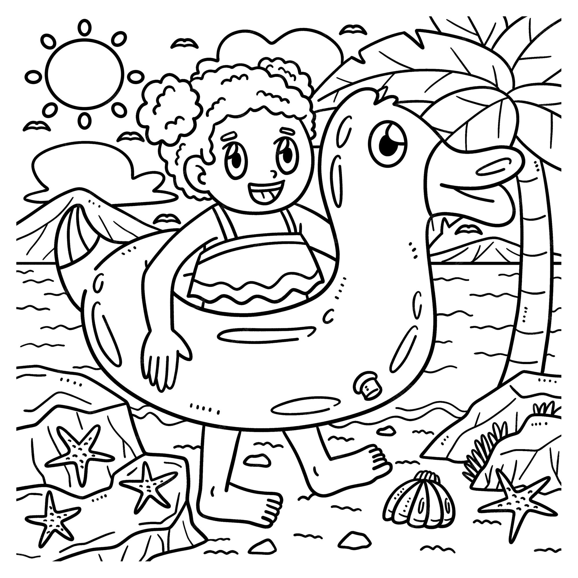 Premium vector summer child with swim ring coloring page for kids