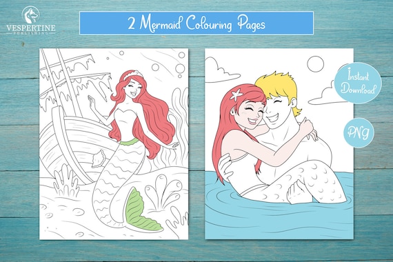 Two mermaid coloring pages fantasy coloring for kids sunken ship and summer love mythical creatures printable instant download