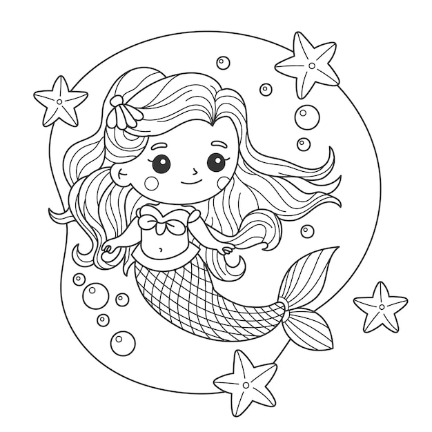 Free vector cute coloring book with mermaid