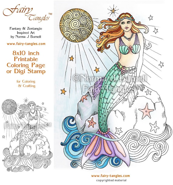 Sirena nadadora de luna llena libro para colorear imprimible fairy tangles hojas de norma j burnell sirenas para colorear pãginas digitales para colorear para adultos