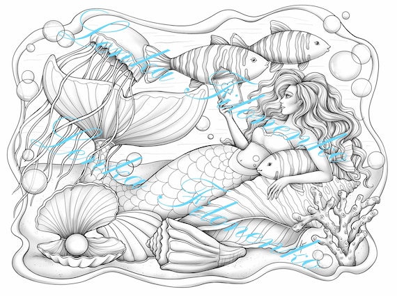 Pãgina para colorear escala de grises sirena descargar e imprimir en pdf mermay hermosa sirena con peces medusas y conchas