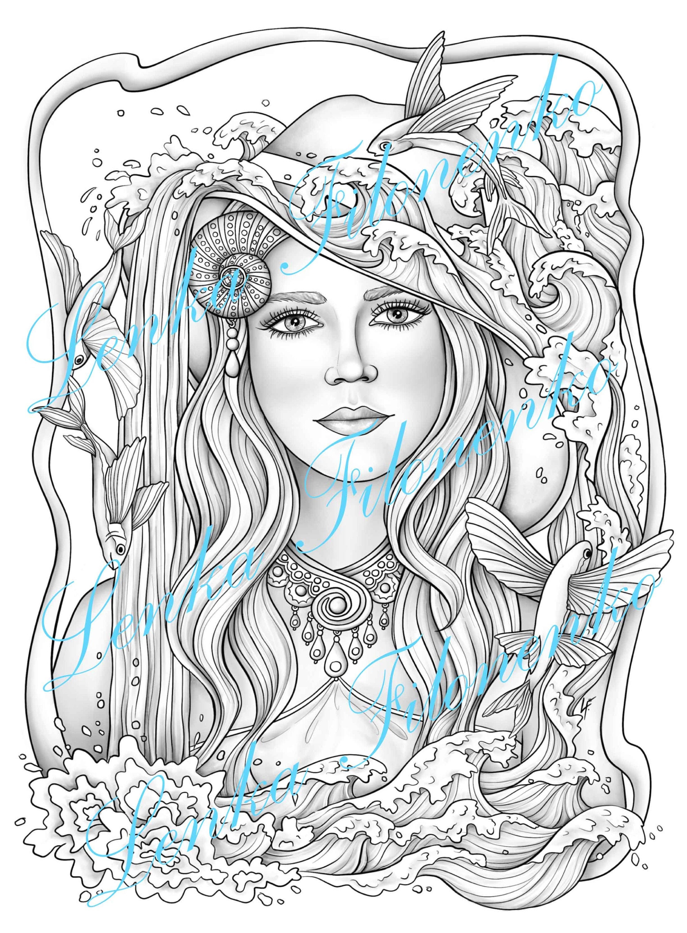 Dibujo para colorear para adultos cascadas sirena con pez volador escala de grises descargar e imprimir en pdf