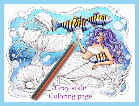 Pãgina para colorear escala de grises sirena descargar e imprimir en pdf mermay hermosa sirena con peces medusas y conchas