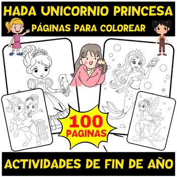 Hada unicornio princesa sirena para colorear actividad para niãas