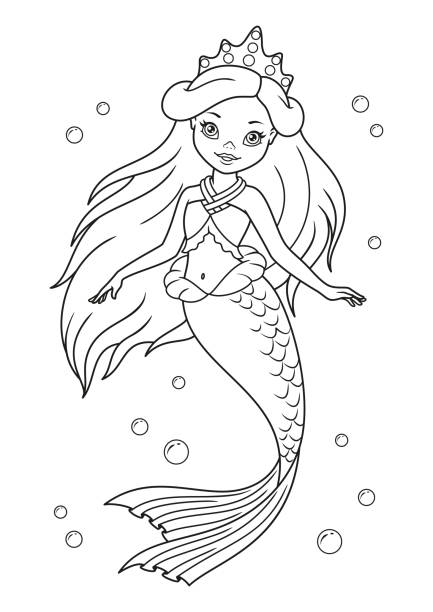 Ilustraciãn de hermosa princesa sirena para colorear page y mãs vectores libres de derechos de pãgina de libro para colorear