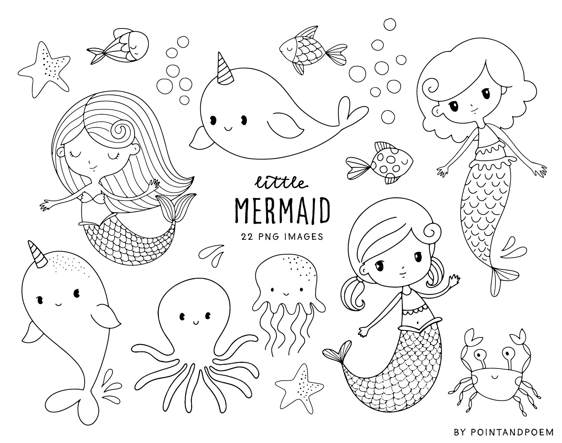 Hand drawn clipart mermaid clipart digital stamps cute coloring mermaids sea creatures mercial use