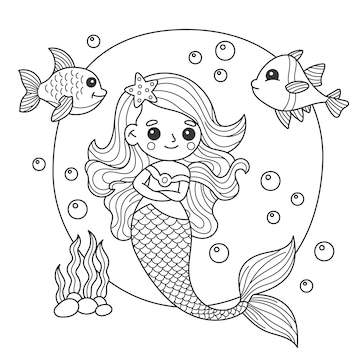 Free vector cute coloring book with mermaid