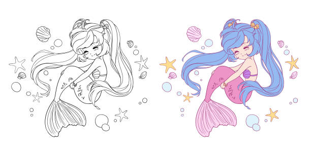 Mermaid coloring pages stock illustrations royalty