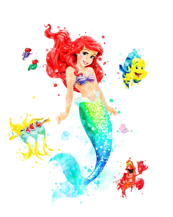 Princess ariel print little mermaid watercolor princess poster ariel printable little mermaid flounder sebastian art print wall decor gift