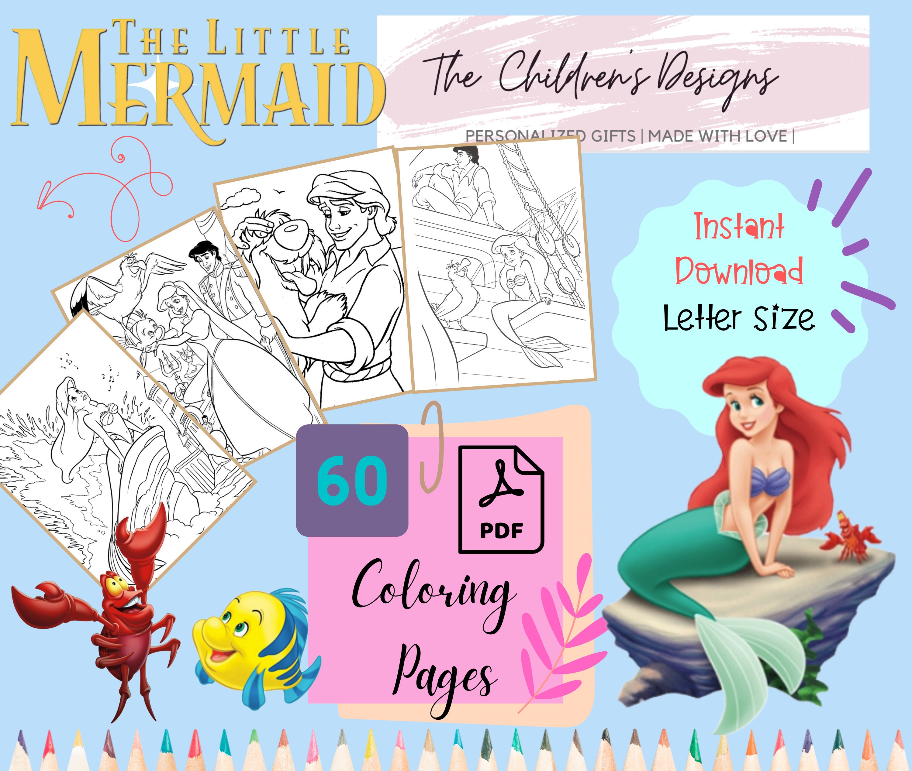 The little mermaid coloring pages instant download pdf pages