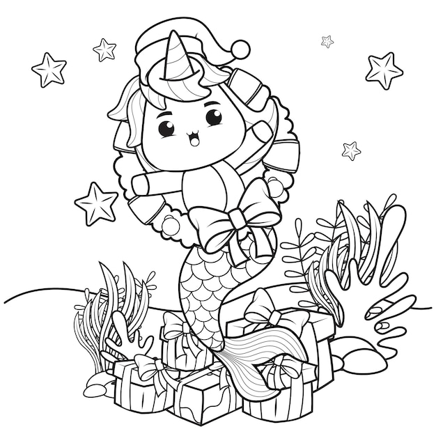 Premium vector christmas coloring book with cute unicorn mermaid