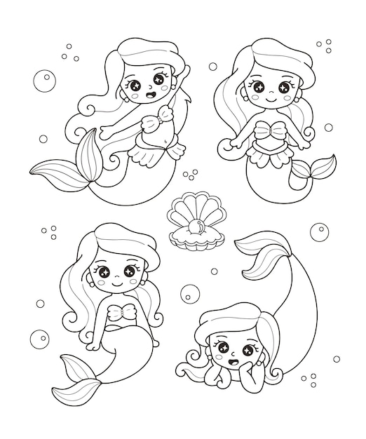 Premium vector beautiful mermaid hand drawn coloring page