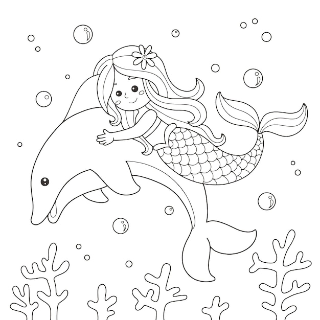 Premium vector little mermaid and dolphin under the seacoloring page