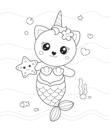 Premium vector cute little mermaid cat drawing coloring page