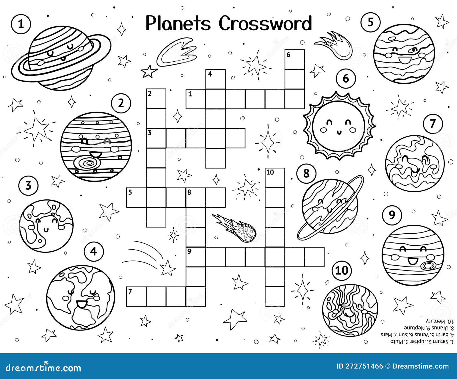 Solar system crossword puzzle with cute planets black and white space activity page for kids stock vector