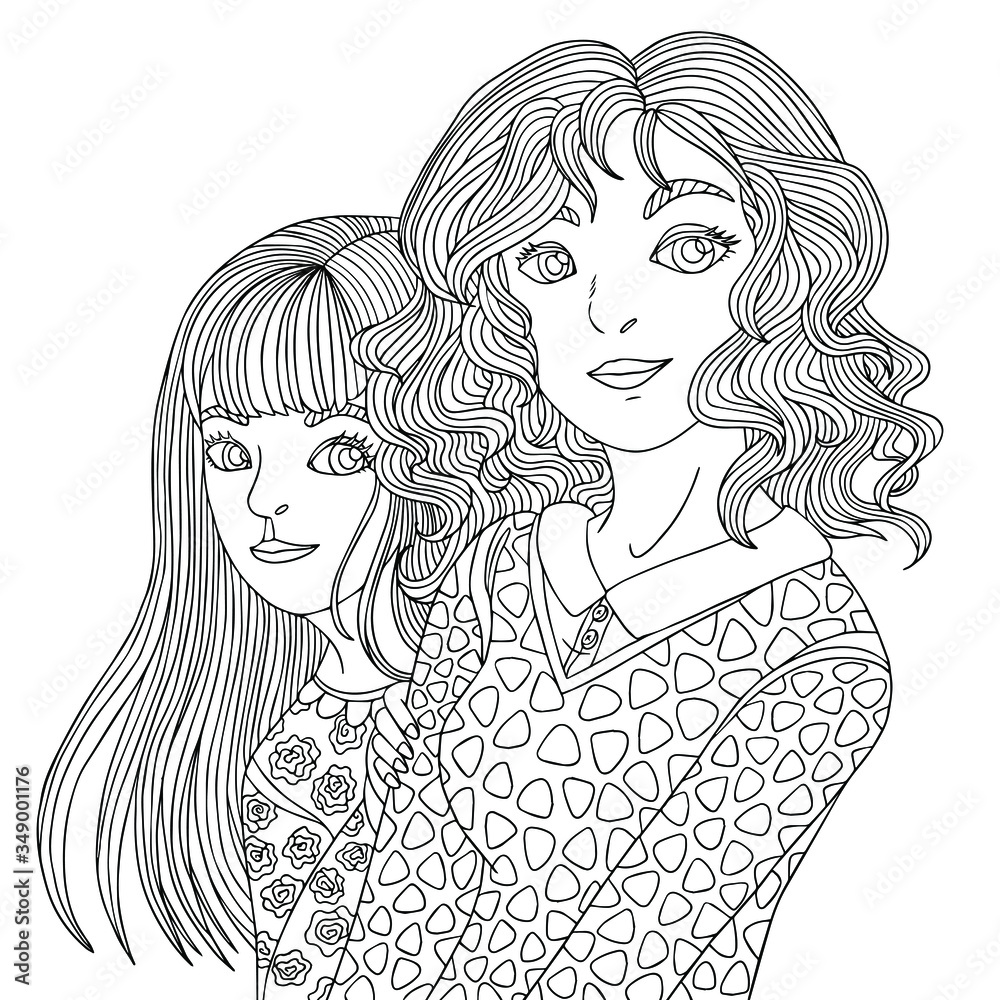 Sisters together two smiling girls coloring page vector outline illustration with doodle pattern and zentagle elements for coloring book for adults isolated line art for relaxing at home vector