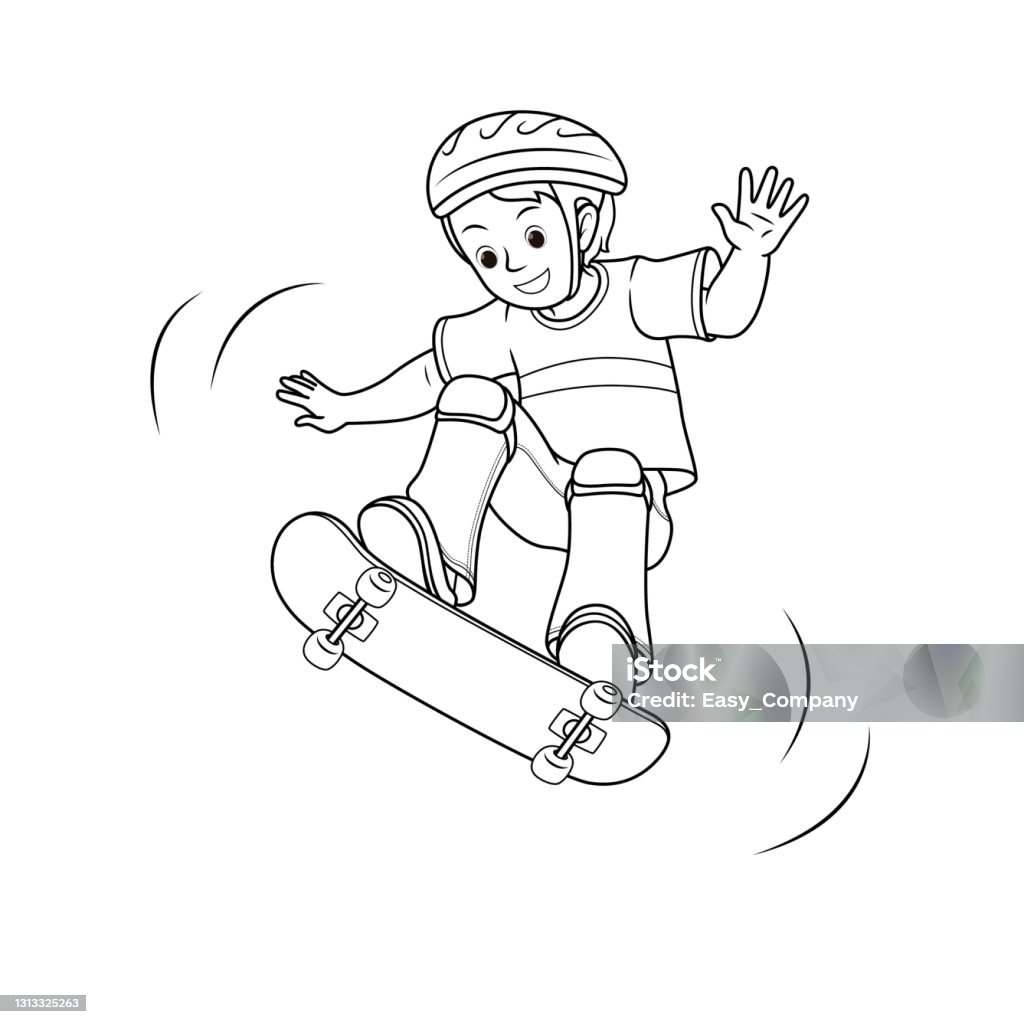 Vector illustration of skateboarder doing flip and jumping trick isolated on white background kids coloring page drawing art first word flash card color cartoon character clipart stock illustration