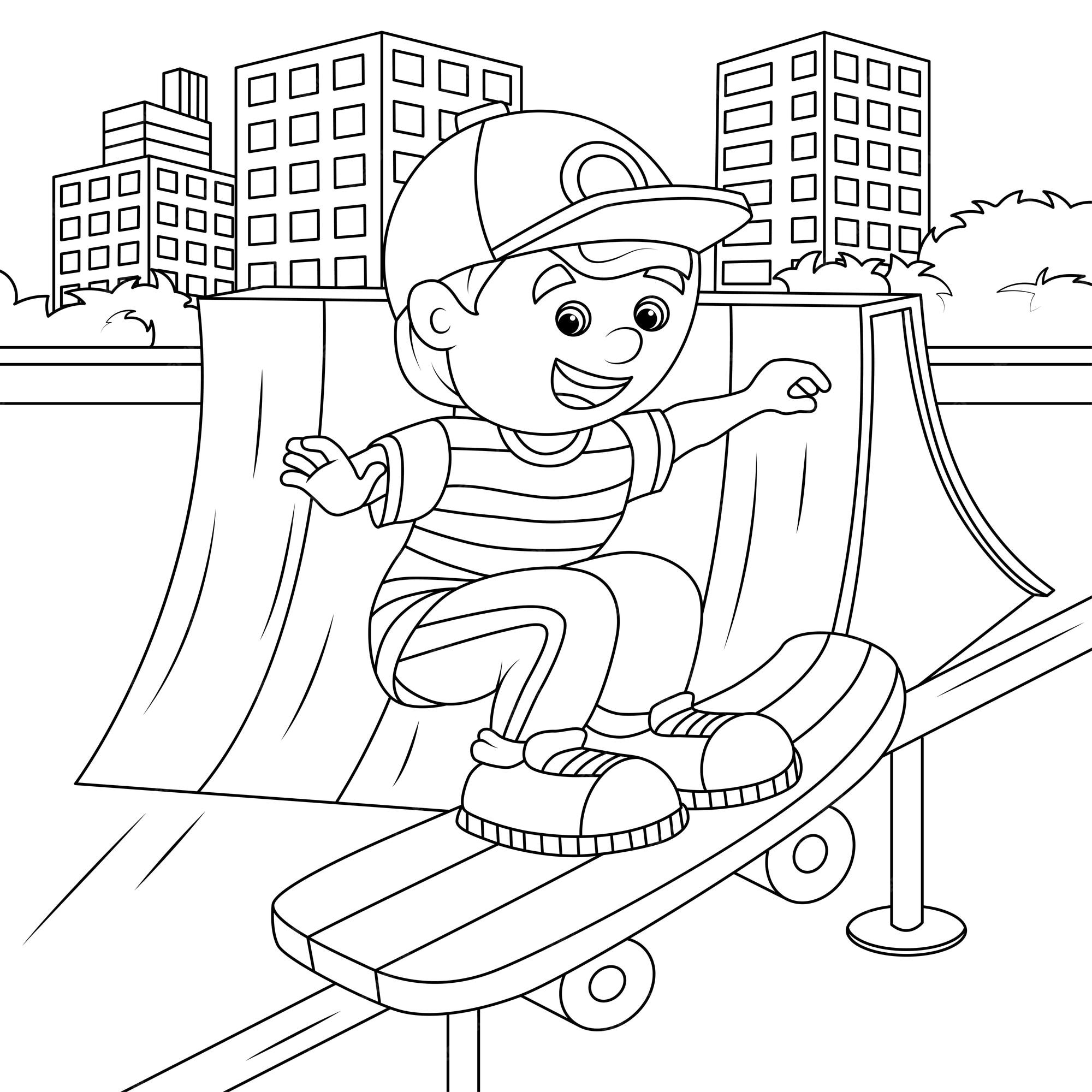 Premium vector a boy rides a skateboard at the skatepark coloring book for children