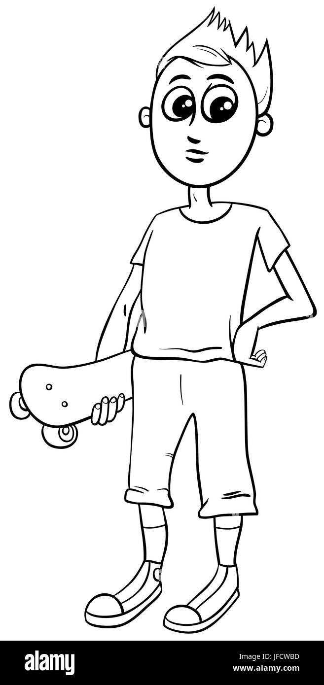 Boy with skateboard coloring page stock photo