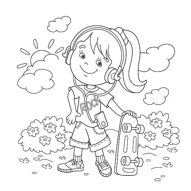 Coloring page outline of cartoon girl in headphones with skateboard stock illustration