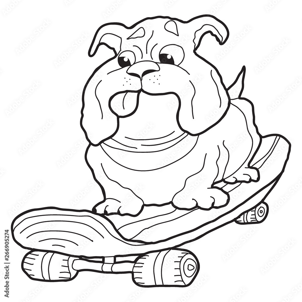 Cartoon doodle illustration of cute dog on skateboard for coloring book t