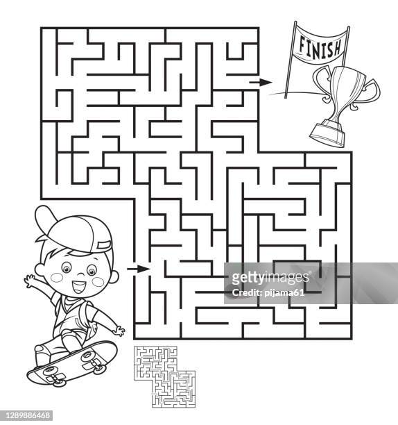 Coloring page outline of boy on the skateboard labyrinth high