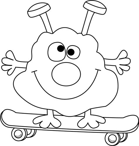 Black and white monster on a skateboard clip art