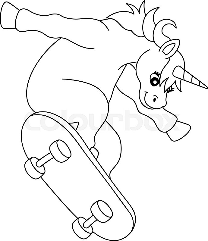 Unicorn skating on a skateboard coloring page stock vector