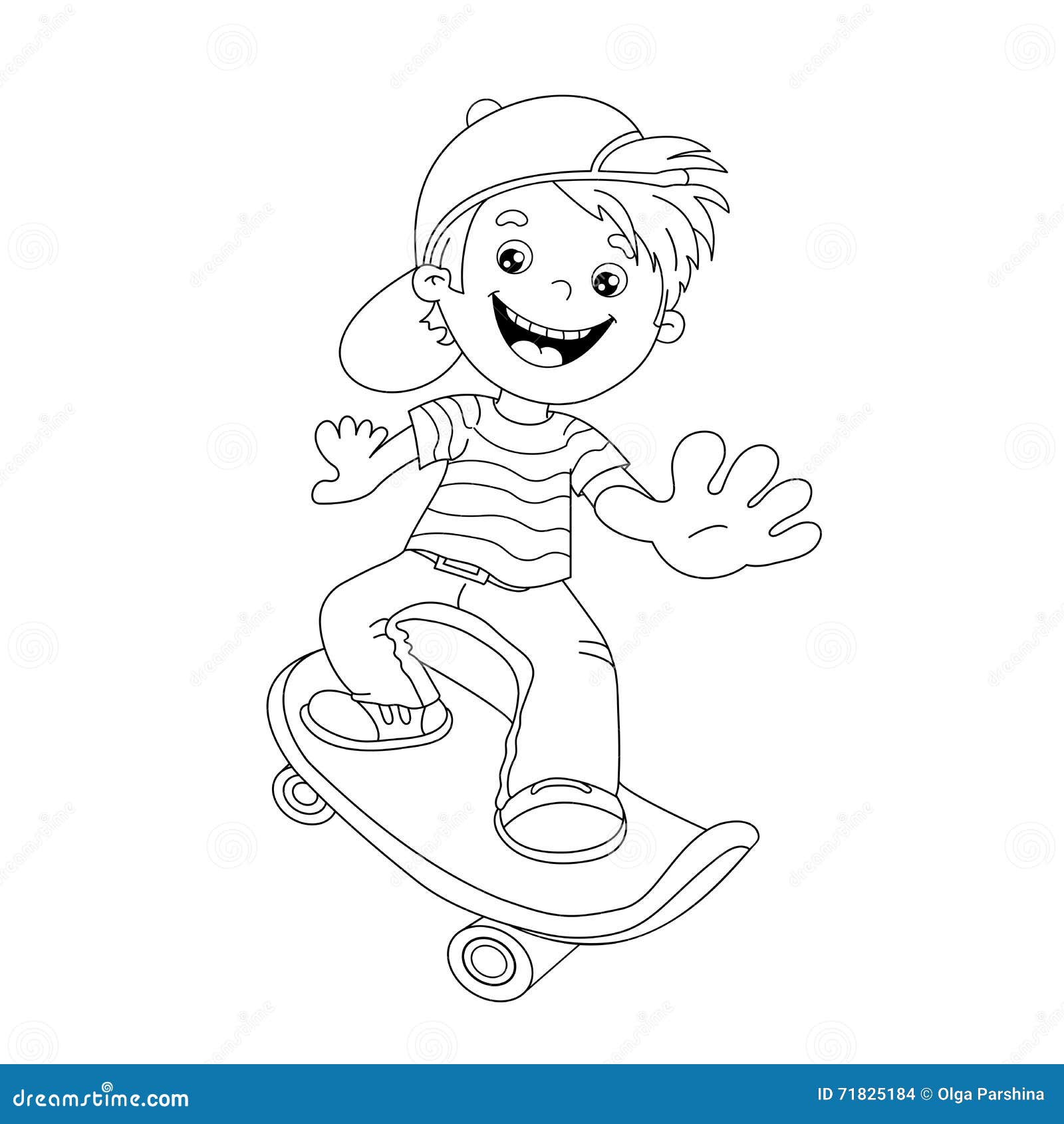 Coloring page outline of cartoon boy on the skateboard stock vector