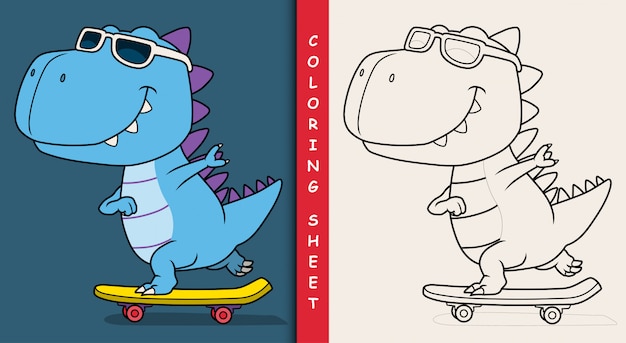 Premium vector cool dinosaur playing skateboard coloring sheet