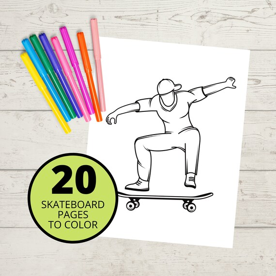 Kids coloring pages skateboard pages skateboard wall art print at home skateboard art boys coloring sheets digital download