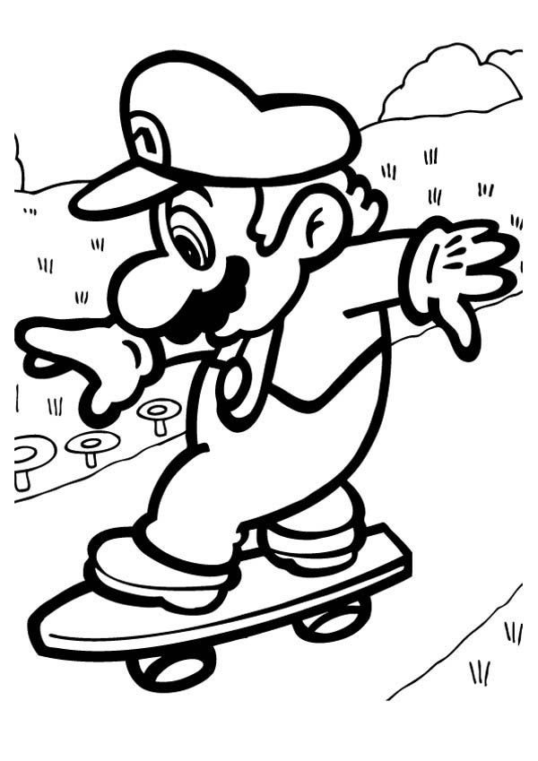 Super mario brothers play skate board coloring page color luna